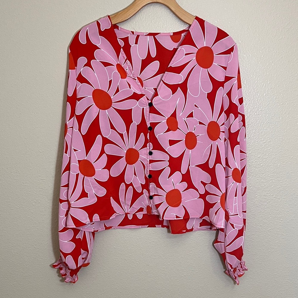 Shein Floral Red Pink Button Down Semi-Sheer Retro Style Top